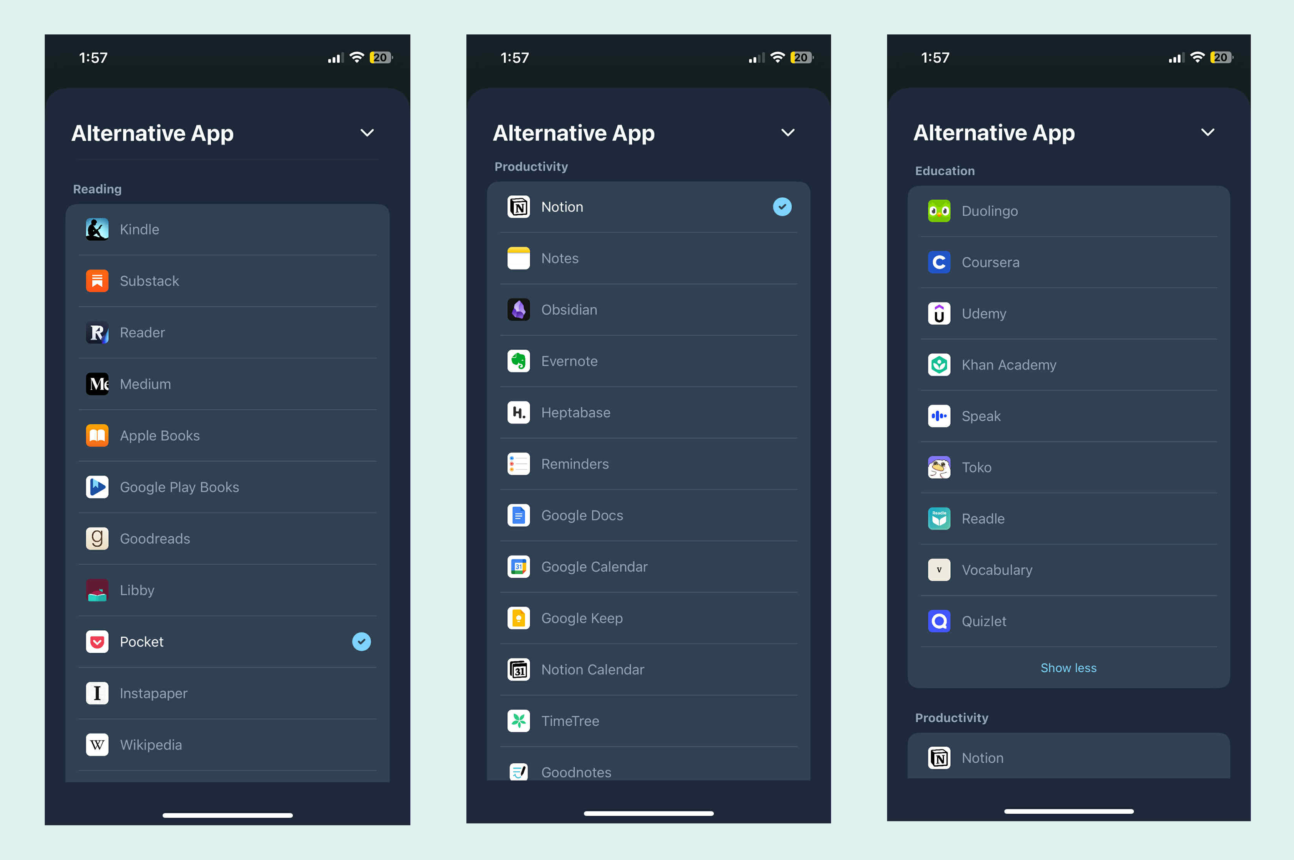 Alternative app display screen