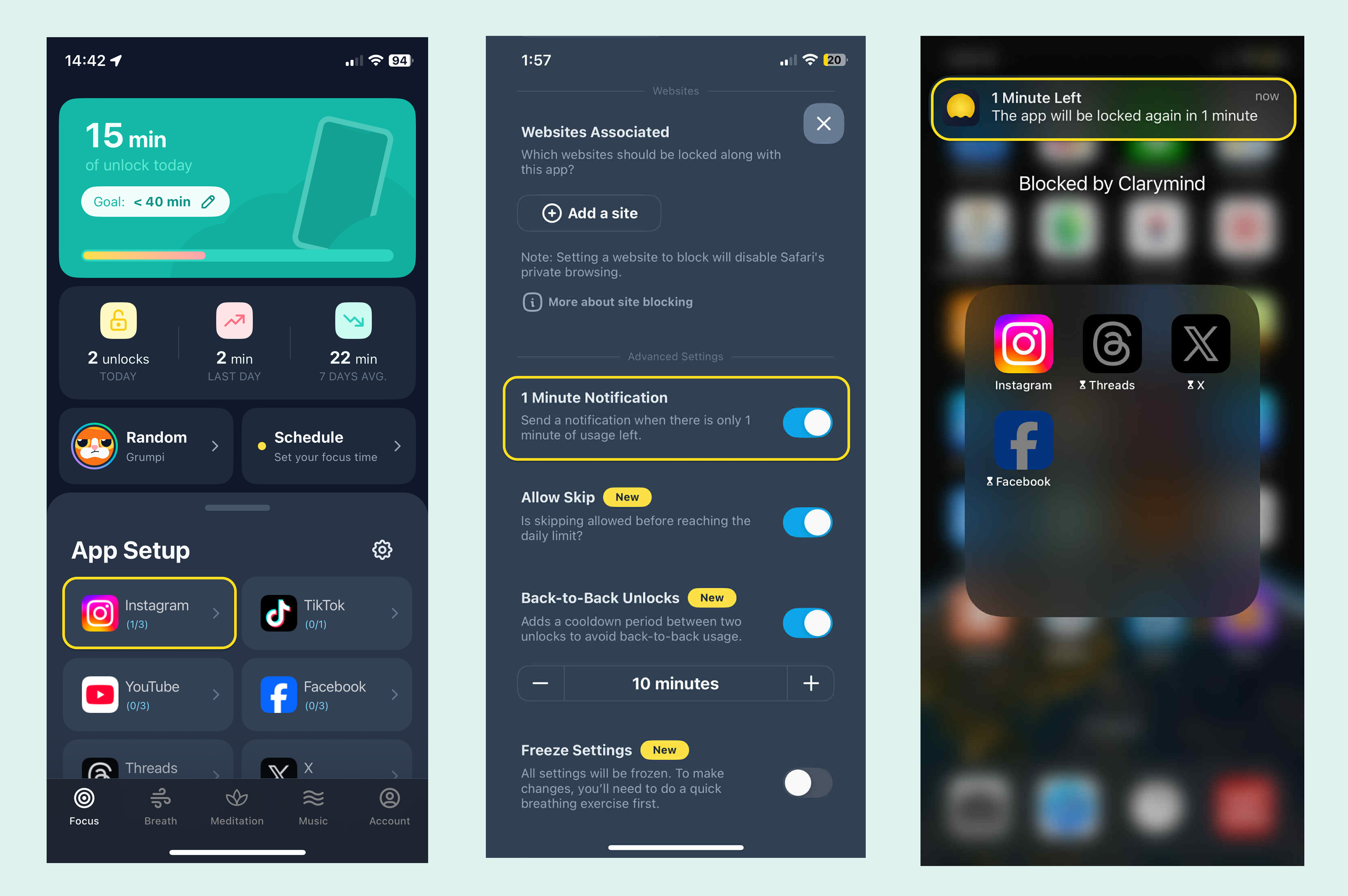 1 minute notification before locking your app