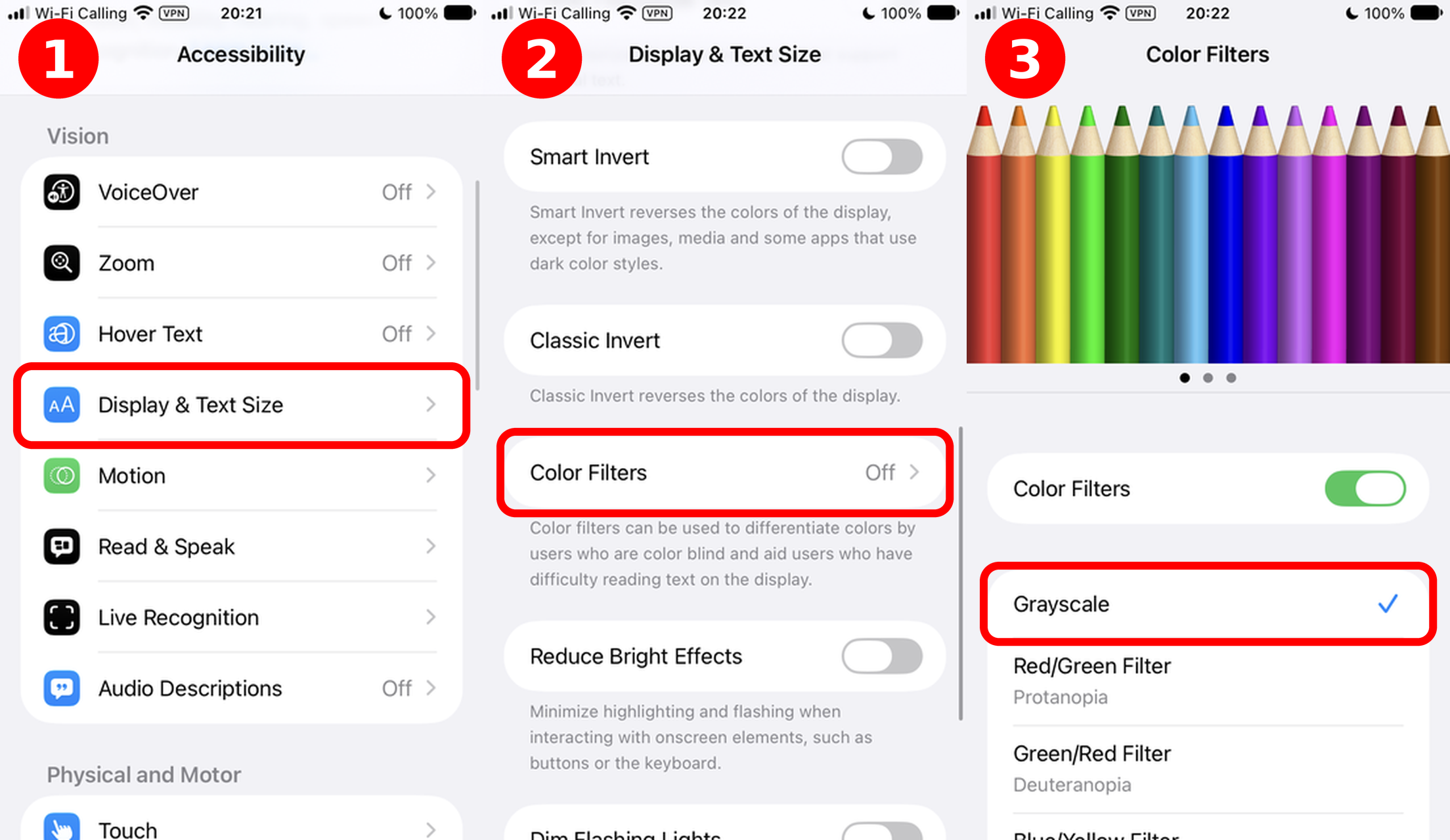 Grayscale setup: 1. Accessibility 2. Display & Text Size 3. Color Filters > Grayscale