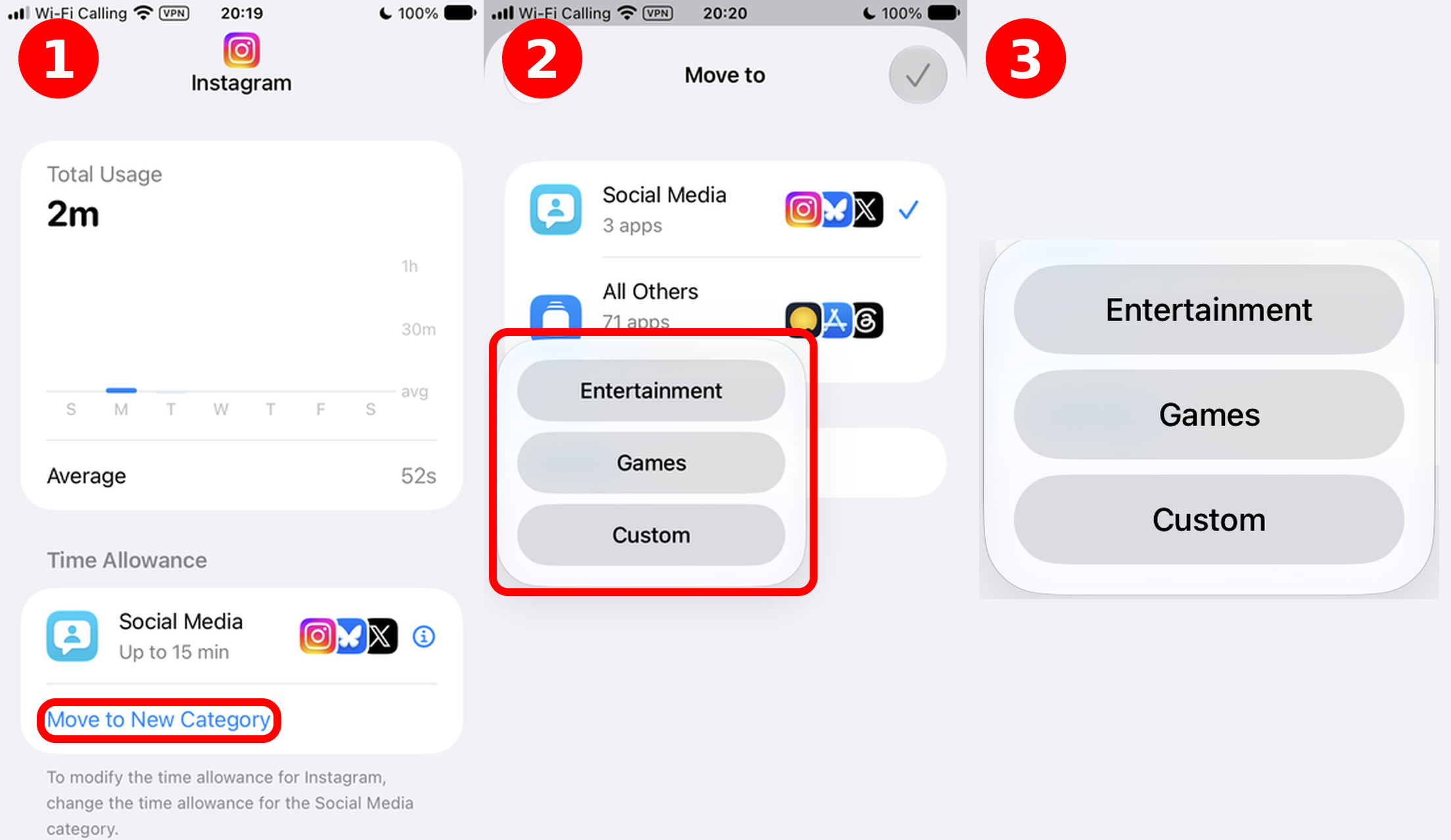 Moving an app to a category: 1. tap Move to New Category 2. tap Add 3. pick Social Media