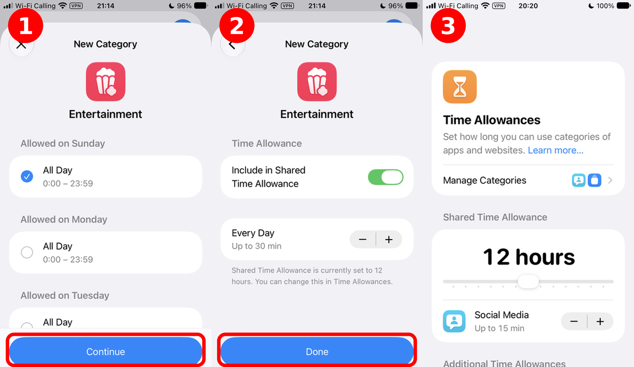 Setting up a category: 1. weekly schedule 2. daily limit 3. overview