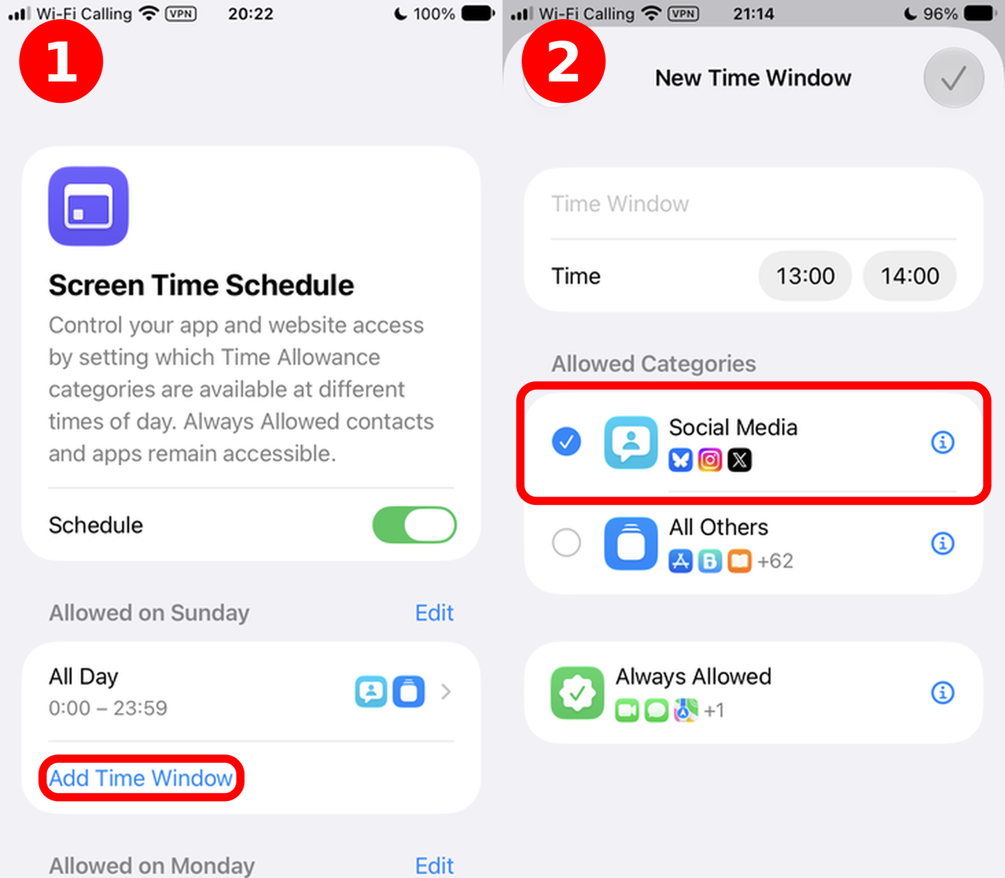 Setting a schedule: 1. tap Add Time Segment 2. set times and check allowed categories