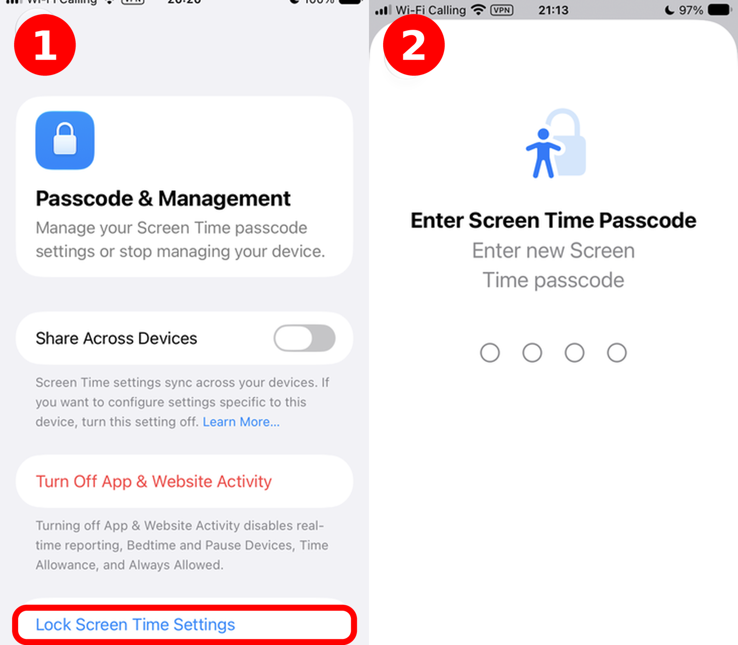 Setting a passcode: 1. tap Lock Screen Time Settings 2. enter a new passcode
